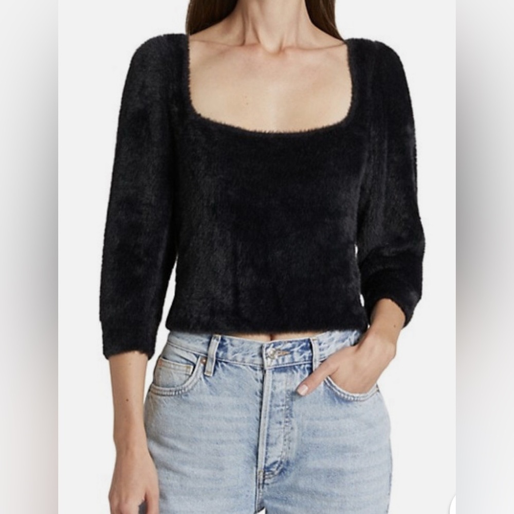 FREE PEOPLE BLACK CROPPED FUZZY PULLOVER  MOONBEAM SWEATER